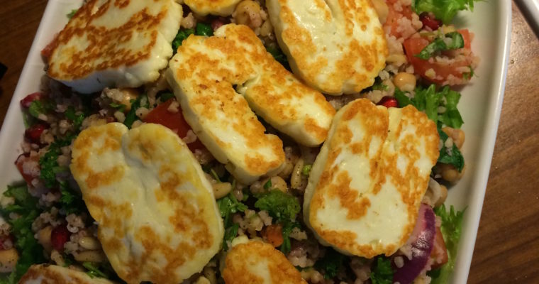 Grilled halloumi & tabbouleh salad with tzatziki