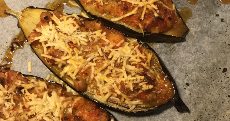 Twice roasted eggplant with chickpeas & red peppers