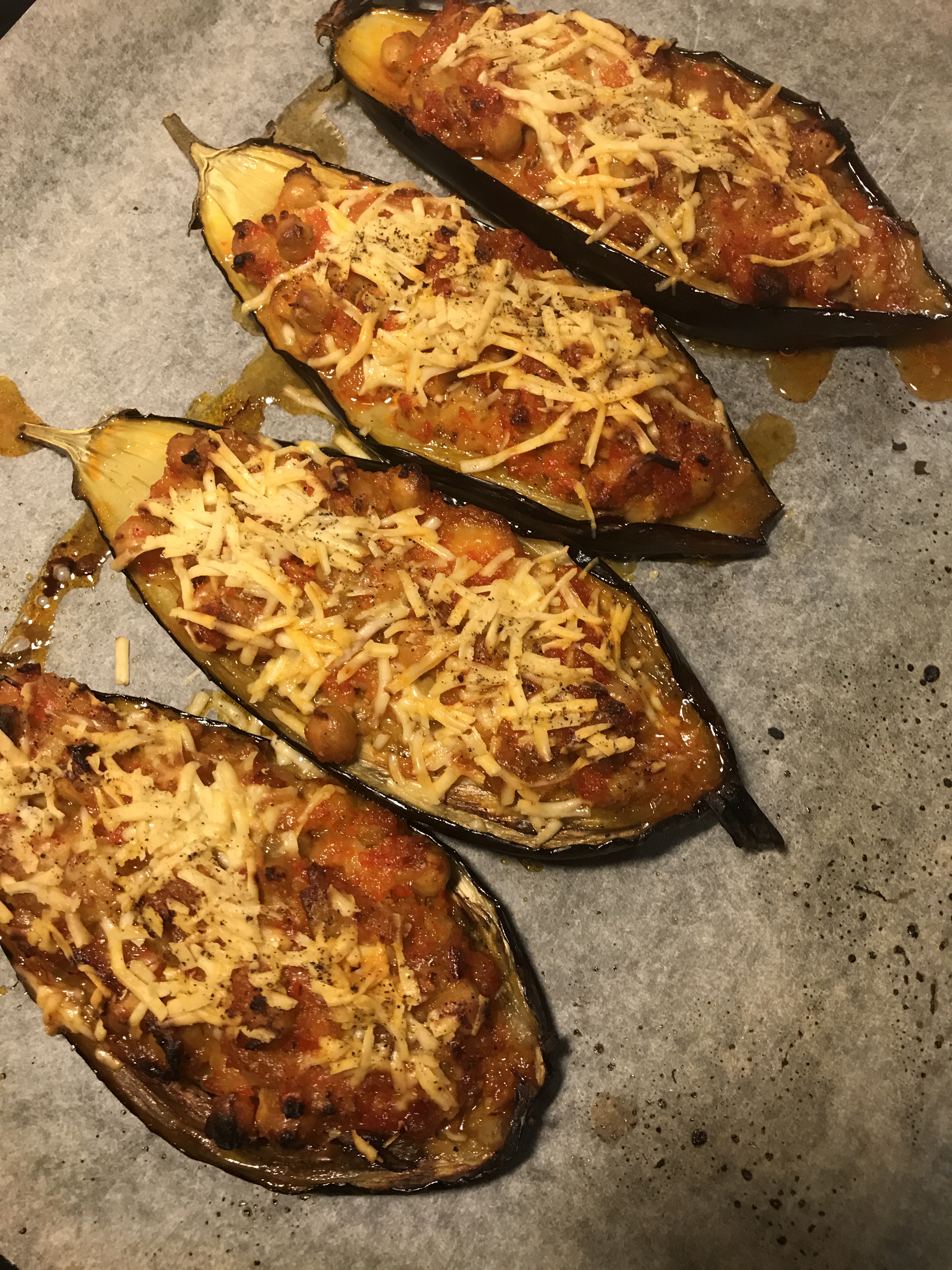 Twice roasted eggplant with chickpeas & red peppers